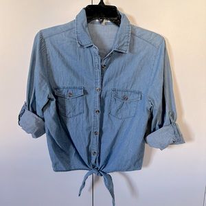 Denim cropped button down with tie waist